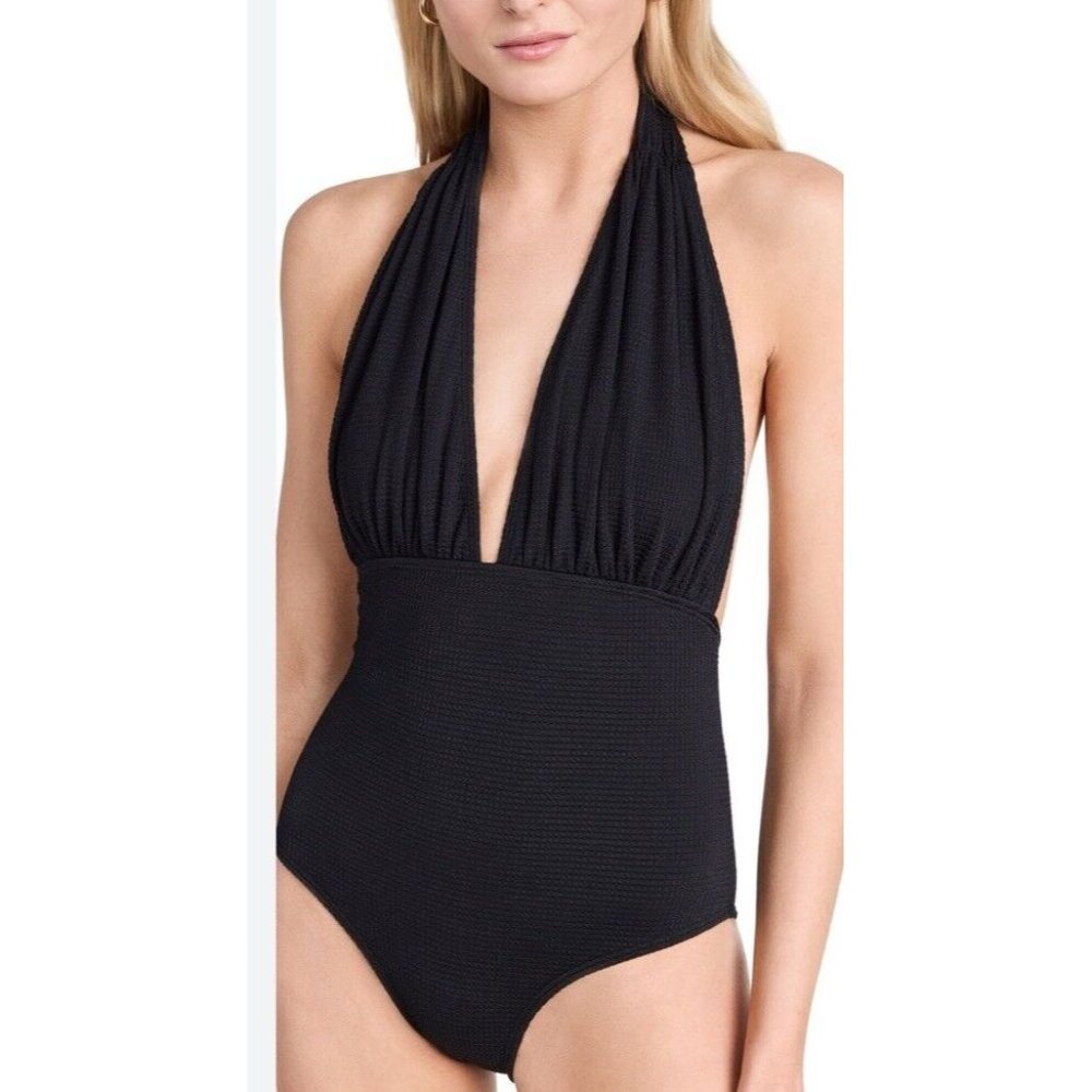Shoshanna Black Deep V Halter One-Piece Swimsuit